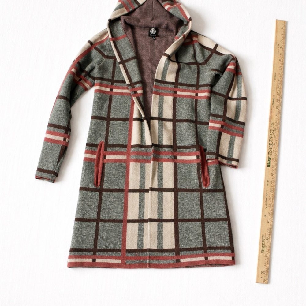 Bobeau‎ Hooded Plaid Cardigan S Boho Cozy Long Sweater Jacket